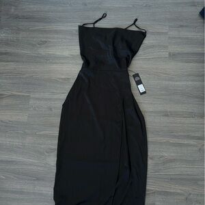 Fashion Nova Tie Up Lace Up Black Satin Cowl Neck Maxi Dress with Slit